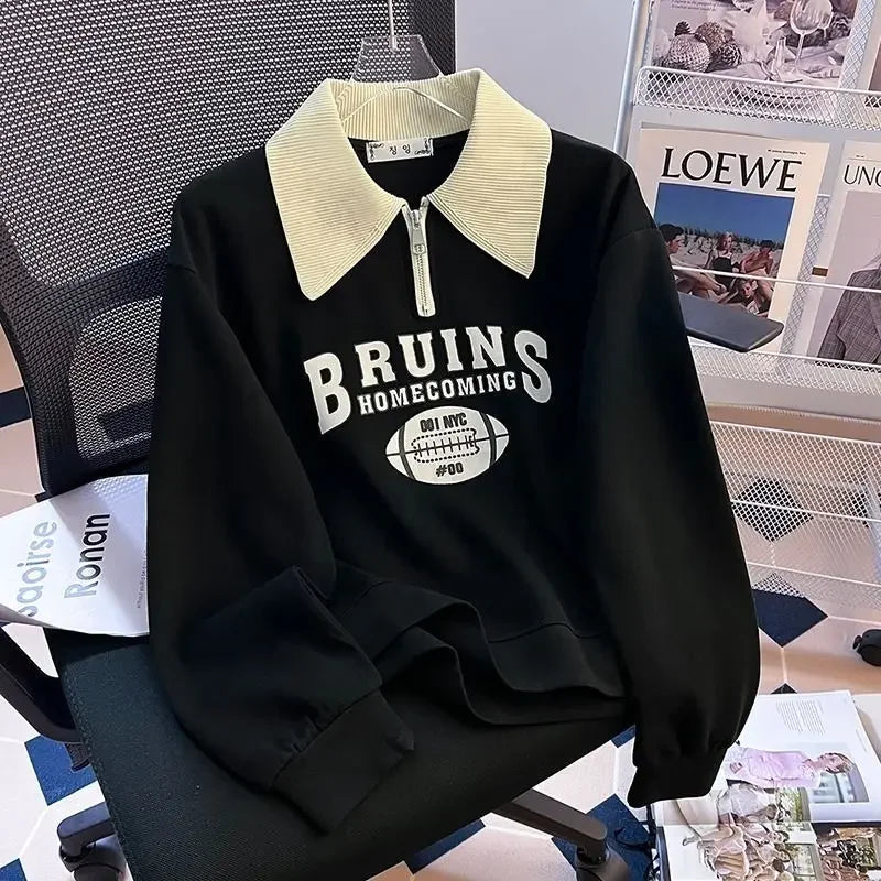 Long Sleeve Women's Fashionable Loose Polo Neck Printed T-shirt Spring Autumn Winter New Style Base Layer Shirt Outerwear