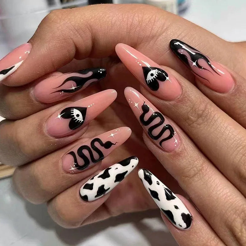24pcs/set Long Stiletto Fake Nails Punk Snake Pattern Black White Matte False Nails Artificial Full Nail Tips Manicure Tools