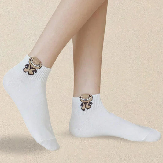 5 Pairs Women Cartoon Teddy Bear Patterned Ankle Socks Versatile Fashionable Creative Breathable Comfortable Casual Socks