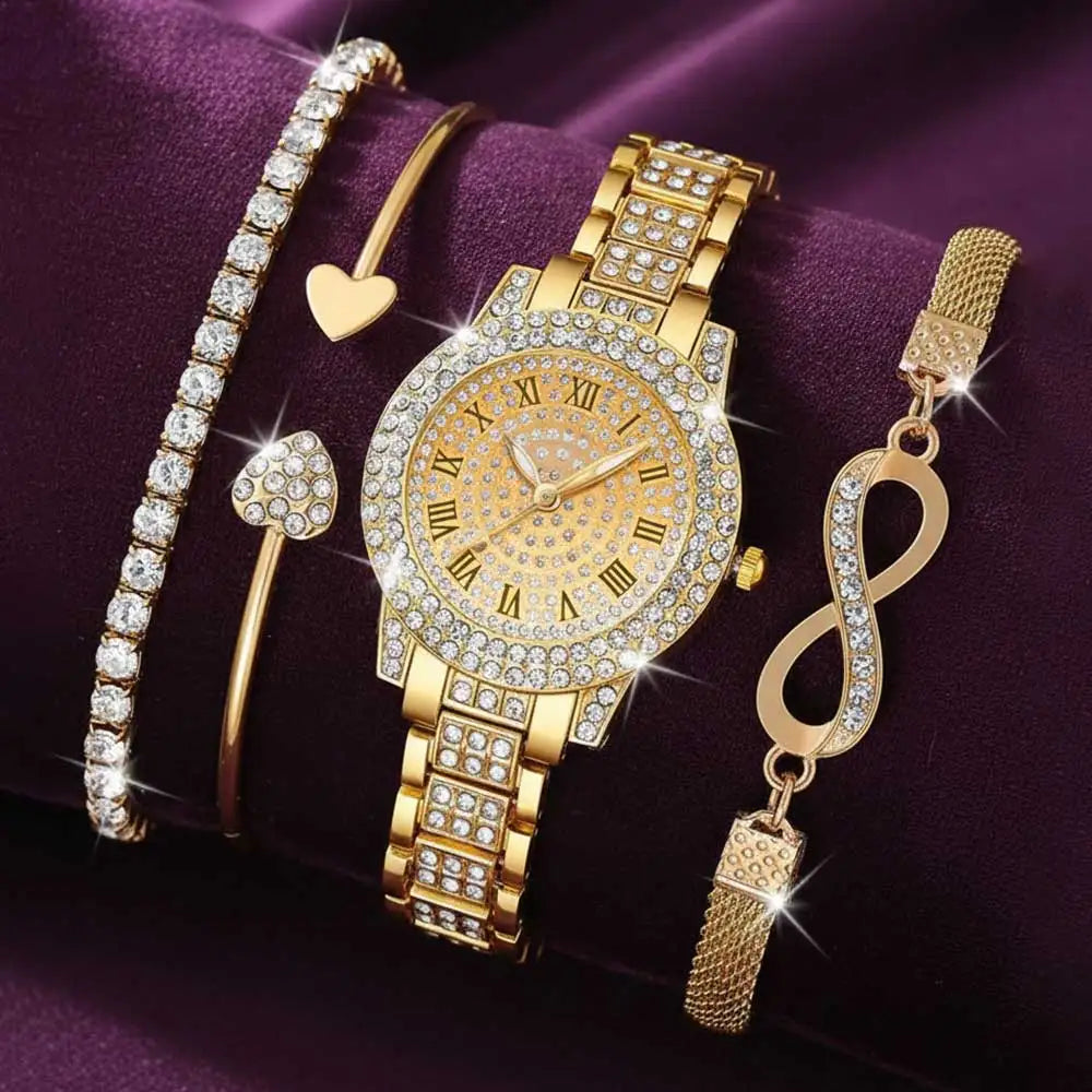 4PCS Luxury Women's Watch Set Trendy Fashion with Rhinestones Roman Numerals Round Dial Quartz watch Bracelet set Perfect Gift