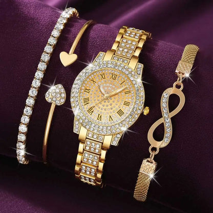 4PCS Luxury Women's Watch Set Trendy Fashion with Rhinestones Roman Numerals Round Dial Quartz watch Bracelet set Perfect Gift
