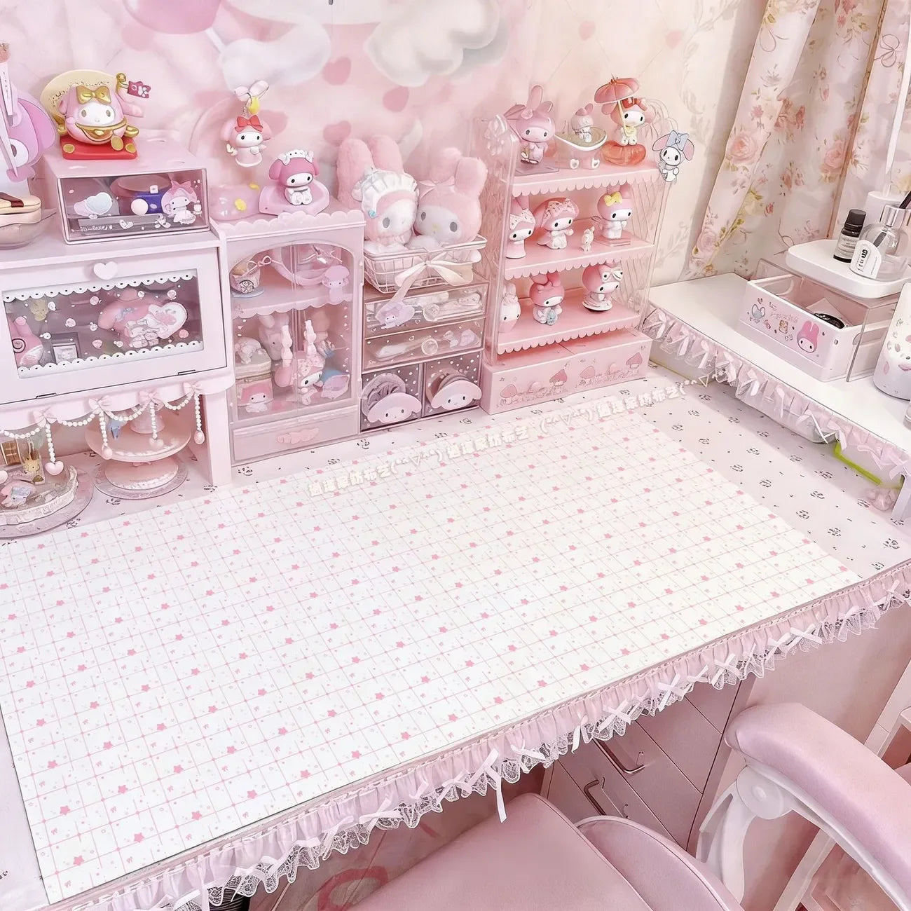 Leather Desk Pad Protector FULL Screen Polka Dots Bow PINK Y2K Mouse Pad Office Desk Mat Waterproof Non-Slip PU Desk Blotter Pad
