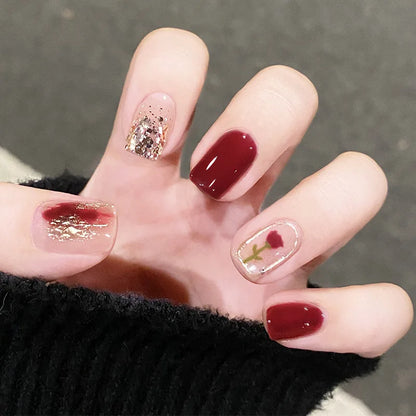 24Pcs/Box Charming Pink Flame Short Detachable Finished Fingernails Ballet Wearable Fake Nails press on Square Head Full Cover