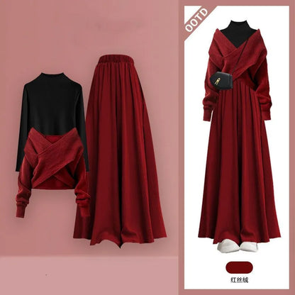 Women's 2025 Autumn/Winter New Fashion In Matching Set Korean Elegant Knitted Sweater+Undershirt+Casual Skirt Pants 3-Piece Suit