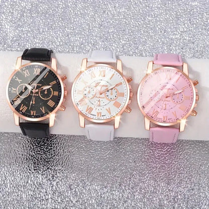Fashion Quartz Watch 5/10/7/3-Piece Set - Round Zinc Alloy Case with PU Leather Strap