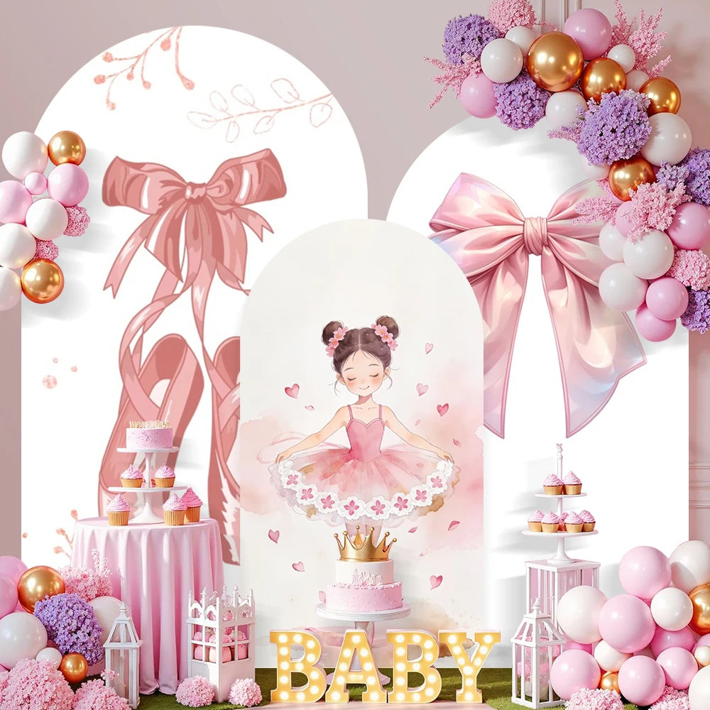 Birthday Theme Arch Cover Background Single-Sided Pink Ballet Girl Bow Dance Shoe Decor Baby Shower Kids Girls Portrait Backdrop