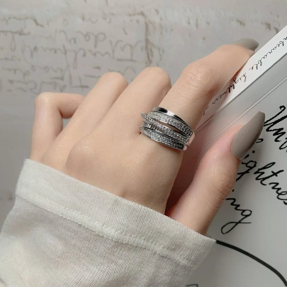 New Trendy Luxury Geometry Shiny Zircon Multi-layered Finger Gold Color Stainless Steel Couple Ring for Women Men Jewelry Gift