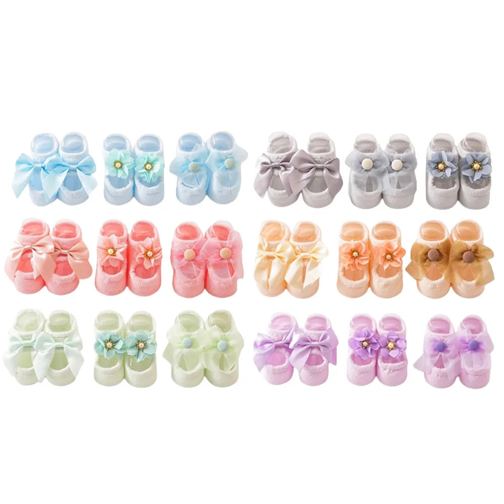 1 Pair Cute Baby Socks Girls Spring Newborn Kids Flower Bowknot Lace Non-slip Children Floor Anti Skid Toddler Slipper