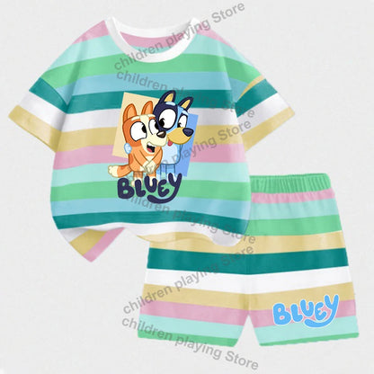 Blueyi Series Child Stripes Sets Summer Girls Boys T-Shirt Shorts Suits Cartoon Bingo Casual Sport Clothes Kids Sleepwear Gifts