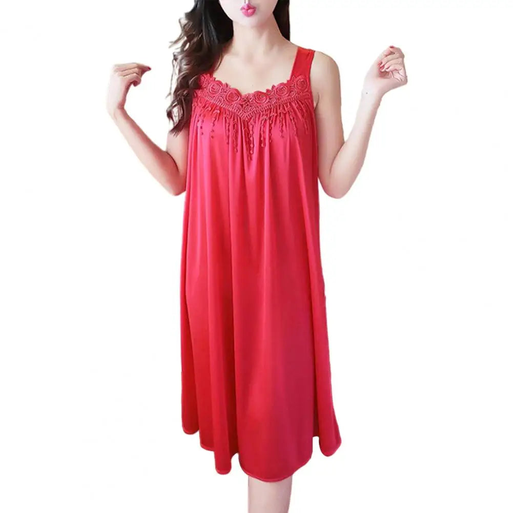 Lady Pajamas Solid Color Smooth Lace Patchwork Night Dress Comfortable Ventilate Casual Fashion Summer Women Night Gown Nightie