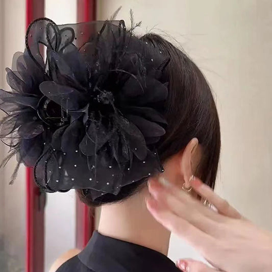 1PC 11/13cm Mesh Lace Black Feather Ribbon Bow Hair Claws Hairpin Big Ponytail Holder Hair Clips Hair Accessories For Women
