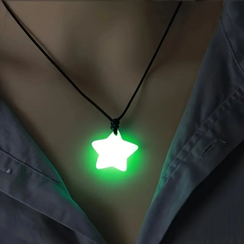 Glow-in-the-Dark Star Lucky Jade Pendant Necklace Set Adjustable Rope Sporty/Cute Style for Outdoor Adventures & Music Festivals