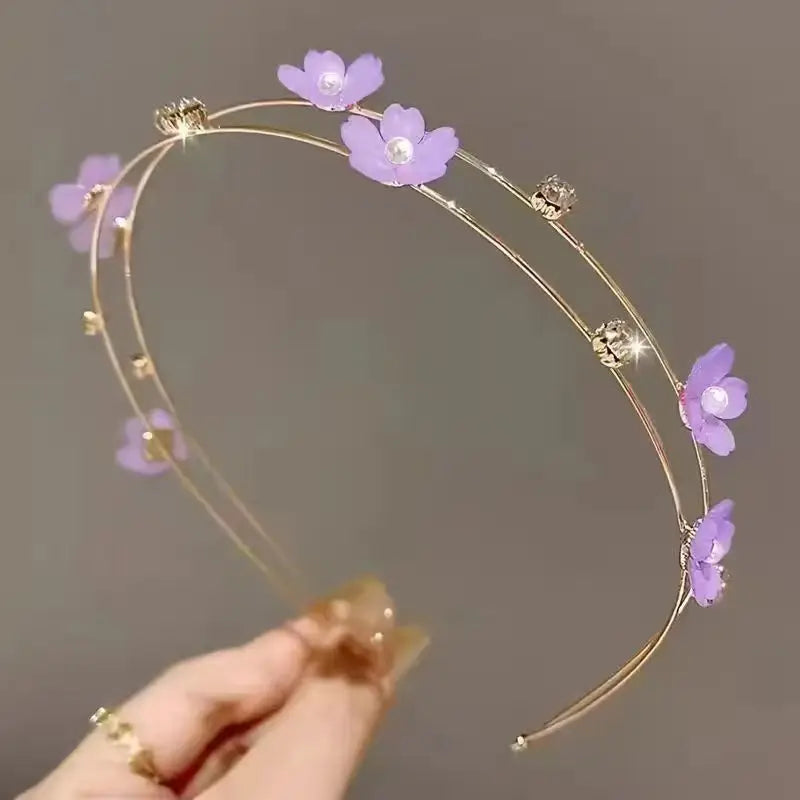 New Double Layer Metal Hairband Flower Pearl Headband for Women Headwear Shiny Rhinestone Hair Band Hoop Hair Accessories