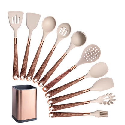 Silicone Cooking Utensils Set Non-Scratch Non-Stick Heat Resistant Spatula Spoon Rose Gold Handle With Bucket Kitchen Gift