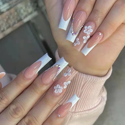 24Pcs Press on Fake Nails Short Medium French Acrylic Full Cover False Nail With Glue Kit Mini File Manicure for Women and Girls