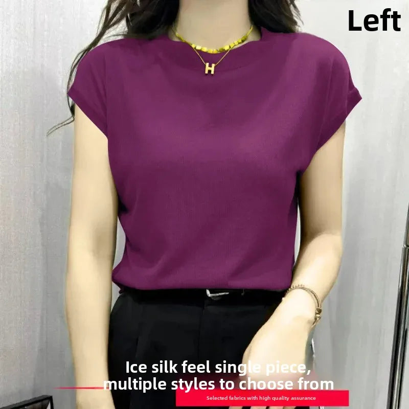 High Elasticity Ice Silk Thread Summer New Loose Women's T-Shirt Short Sleeve Crew Neck Simple Style Pure Color Top