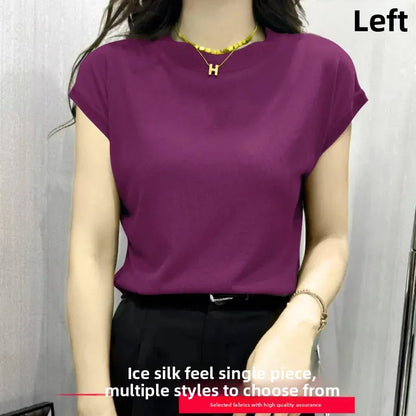 High Elasticity Ice Silk Thread Summer New Loose Women's T-Shirt Short Sleeve Crew Neck Simple Style Pure Color Top