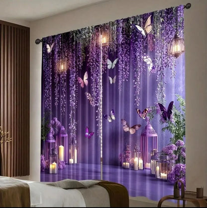 VIKAMA Romantic Purple Floral Butterfly Curtains Draped Vine Lantern Pattern Master Bedroom Princess Room