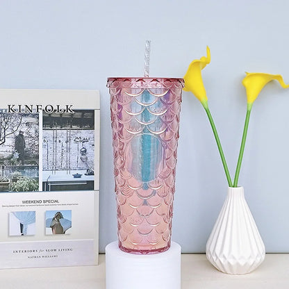 LUSQI 710ml Water Bottles With Straw Large Capacity Reusable - Creative Fish Scale Devise Plastic Drinking Cup