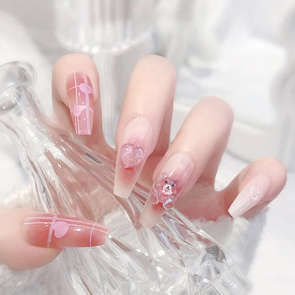 24Pcs/Set Pink Bow French Fake Nails Art Cute with Diamonds Girls Reusable Ballet Press on Nail Tips Oval Acrylic Stick on Nails