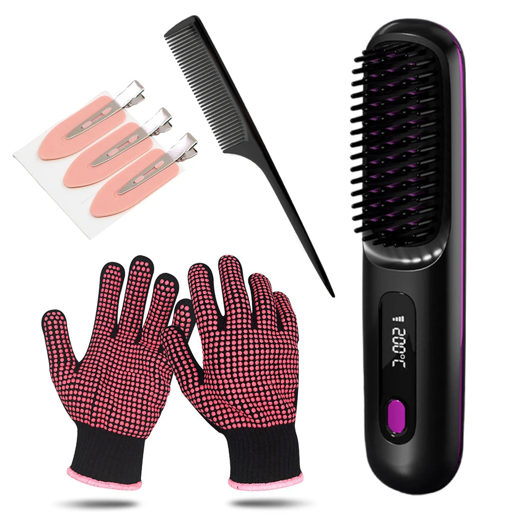 Portable Straightener Brush Cordless Hair Straightener Brush 3Setting Temperature Rechargeable Ceramic Hot Comb Brush for Travel