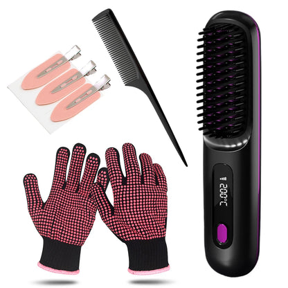 Portable Straightener Brush Cordless Hair Straightener Brush 3Setting Temperature Rechargeable Ceramic Hot Comb Brush for Travel