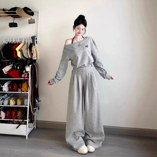 Elegant Shoulder Casual Sporty Loose Women's Short Sleeve Two-Piece Set Korean Style Fashion Wide Leg Pants Slimming