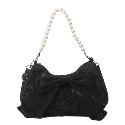 New Pearl Female Bag Retro Handbag Bow Crossbody Bags Fashion Canvas Women's 2025 Trend Shoulder Bag Purses for Girl