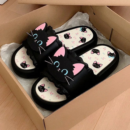 Summer Fashion Women's Slippers Cute Little Black Cat Sandals Soft Bottom Home Wear Couples Slippers PVC Material