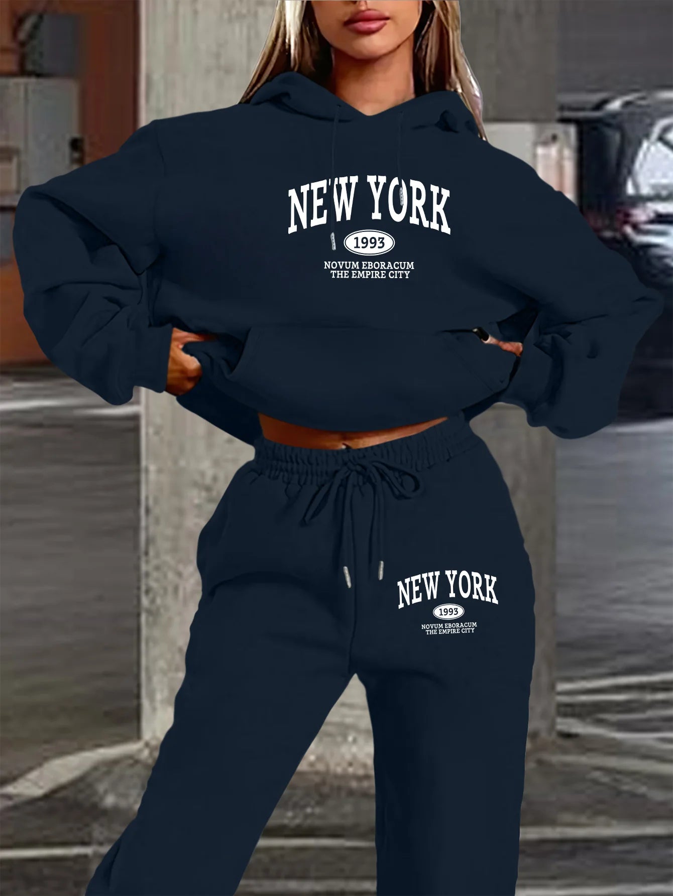 New York Print Two piece Set Casual Kangaroo Women's Casual Fashion Round Neck Sweatshirt, Solid Color Long Sleeves Sweatshirt,