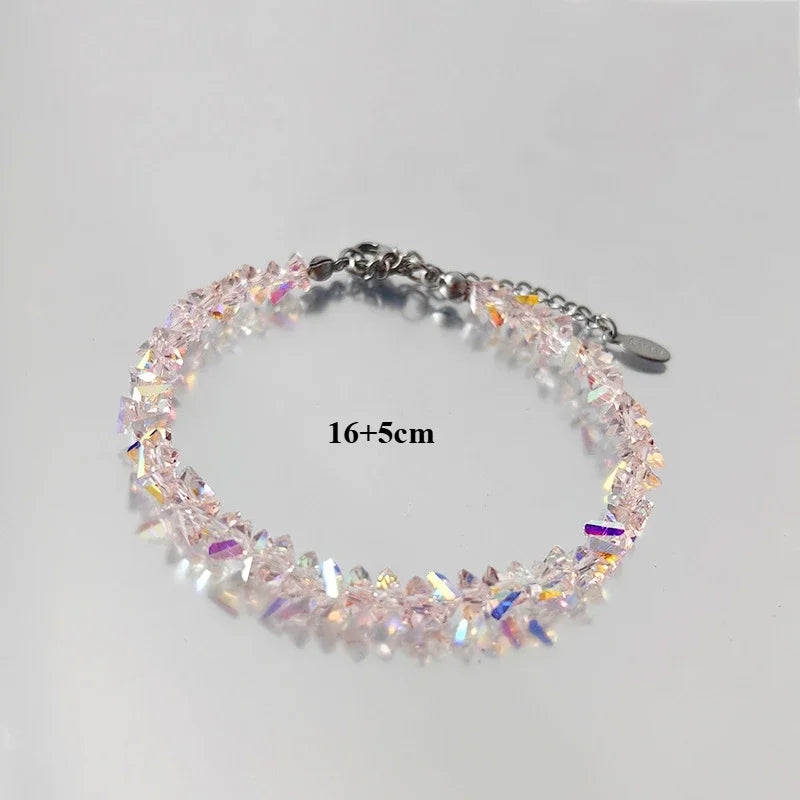 Transparent Crystal Irregular Beaded Bracelet Women‘s Shiny Mulit-cut Pink Glass Chain on the Hand Jewelry Girls Gifts