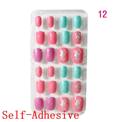 12pcs Cute Kids Dress-Up Fake Nail Girls Press on Nails Princess Pretend Play Toy Nail Tips Self-adhesive Children False Nails *