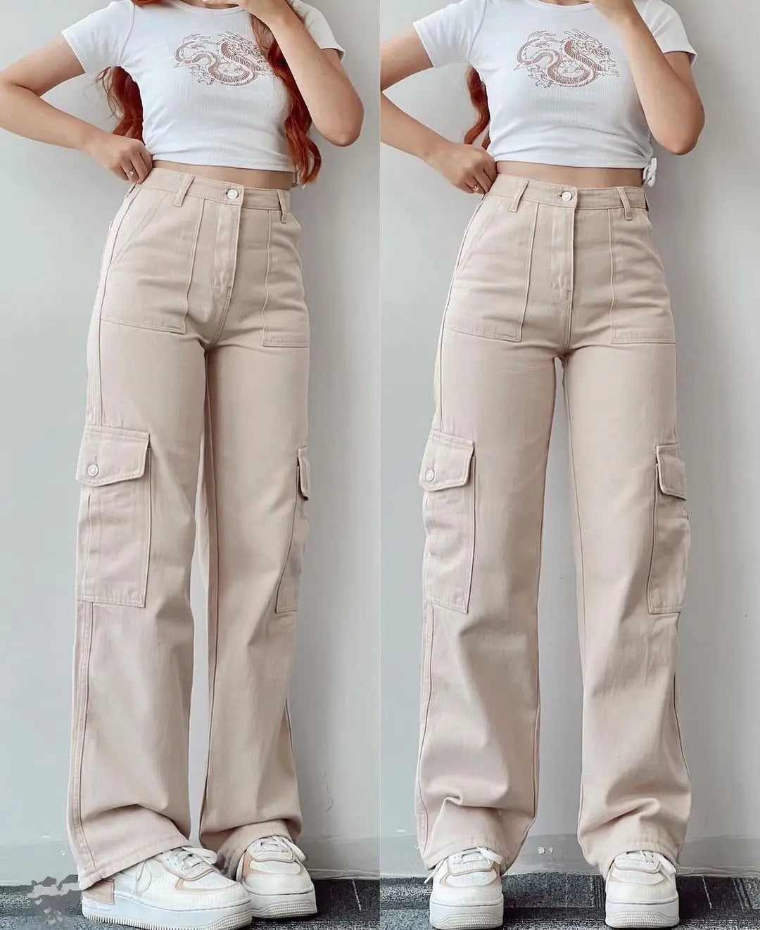Women Vintage Cargo Pants Streetwear New Y2K Techwear Korean Harajuku Parachute Pants Beige Sweatpants Wide Leg Joggers Trousers