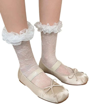 Women Lolita Transparent Mesh Crew Socks Sweet Ruffled Lace Trim Bowknot Cute Love Heart Pattern Anime Princess Hosiery