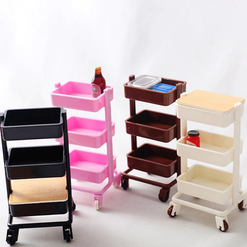 Storage Display Shelf Bookshelf Furniture Model Decor Toy 1Set 1:12  Dollhouse Miniature Trolley Dining Cart with Wheels