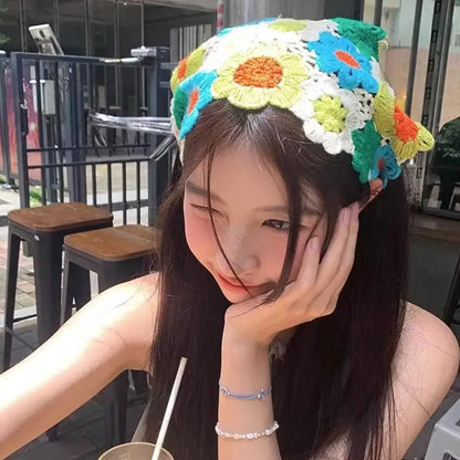 Knitted Triangle Headband French Pastoral Style Little Flower Headband Towel Handmade Crochet Headscarf Hat Spring Summer