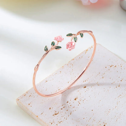 Vintage Charm Red Rose Flower Bracelet Ring Set For Women Vintage Open Adjustable Cuff Bangle Finger Ring Party Wedding Jewelry