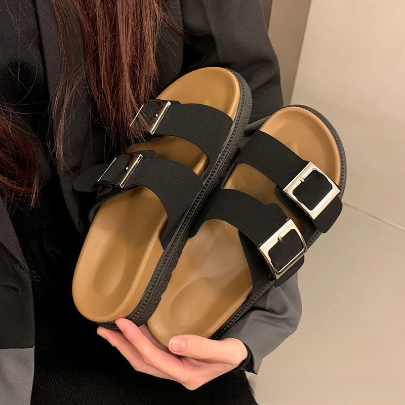 Thick Heel Sandals Women's Belt Buckle New French Style Outdoor Spring Summer Fashion Casual Korean Version Beach Slippers