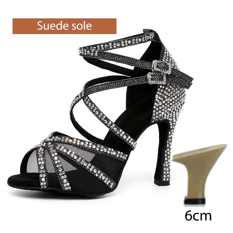 DKZSYIM Rhinestone Women Latin Dance Shoes Latin Salsa Girl Dancing Shoes Black Shiny Ballroom Dance Shoes For Girls Ladies