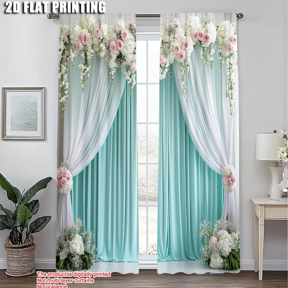 2pcs, Light Filtering Curtains 2D print Elegant Green and White Curtain Fabric (without rod) Thermal Insulation, and Room