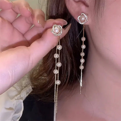 1Pair Korean Style Long Imitation Pearl Tassel Dangle Earrings For Women Trendy Full Crystal Fringe Drop Earring Vintage Jewelry