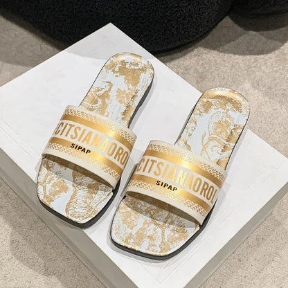 New Summer Flat Bottom Sandals Women's Outdoor Wear Sparkling Diamond One-Strap Fairy Style Sandals Trendy Ins Flat Sandals