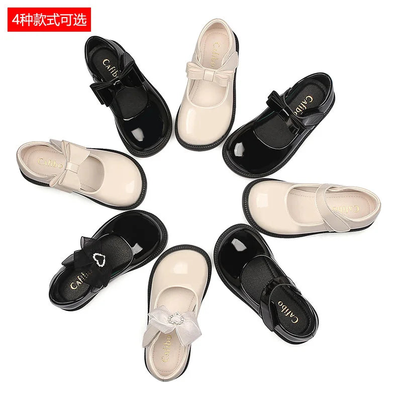 Children's Leather Shoes 2023 New Bow Girl Princess Shoes Soft Sole Casual Student Black Performance Shoes