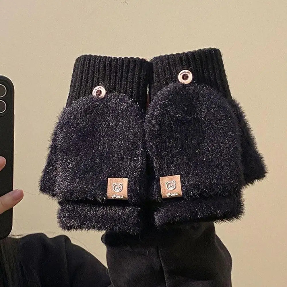 Winter Soft Fleece Half Finger Gloves Plush Knitted Fingerless Gloves Fuzzy Flexible flip Wrist Mittens Student Writting Gloves