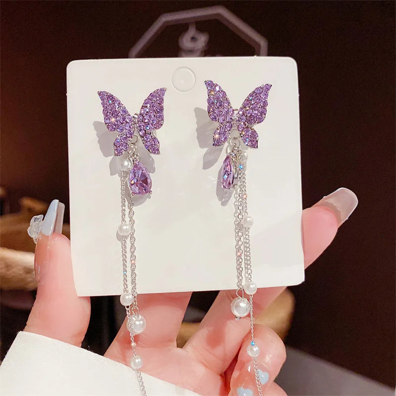 1Pair Korean Style Long Imitation Pearl Tassel Dangle Earrings For Women Trendy Full Crystal Fringe Drop Earring Vintage Jewelry
