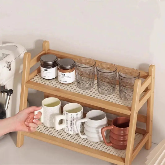 2 Laye Bamboo Counter Top Organizer Coffee Cup Holder Display Rack Storage Rack For Kitchen Condiment Grocery Storage Shelf