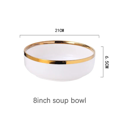 Ceramic Plates Bowls Gilt Rim White Porcelain Dinner Tray Kitchen Plates Ceramic Tableware Food Dishes Rice Salad Noodles Bowl
