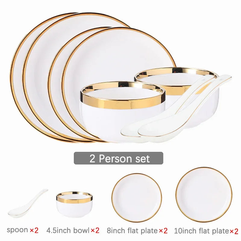 Ceramic Plates Bowls Gilt Rim White Porcelain Dinner Tray Kitchen Plates Ceramic Tableware Food Dishes Rice Salad Noodles Bowl