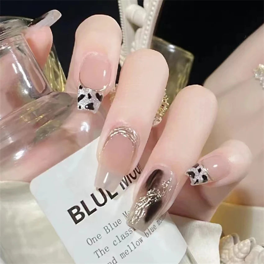 24Pcs/Set Pink Bow French Fake Nails Art Cute with Diamonds Girls Reusable Ballet Press on Nail Tips Oval Acrylic Stick on Nails
