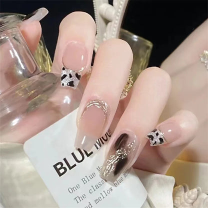 24Pcs/Set Pink Bow French Fake Nails Art Cute with Diamonds Girls Reusable Ballet Press on Nail Tips Oval Acrylic Stick on Nails